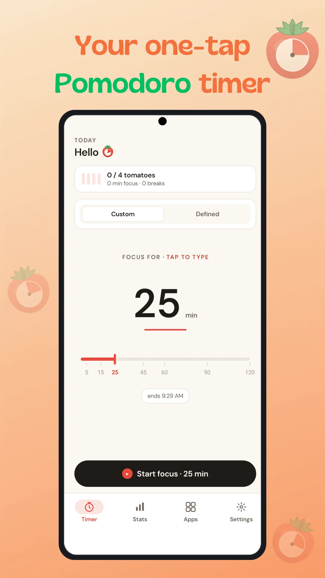 Popmodoro focus timer screen — set a length and start focusing in one tap